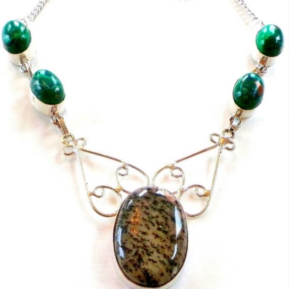 Hand Crafted Jewelry - Jasper and Malachite925 Sterling Silver Necklace